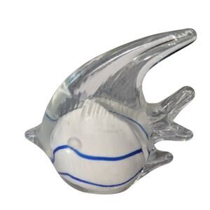 Murano Style Art Glass Angel Fish Paperweight Figurine White Blue Clear